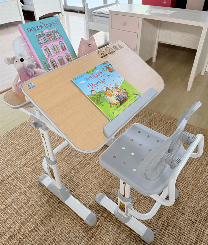Jojo Height Adjustable Kids Ergonomic Study Desk & Chair Set - Grey/Oak