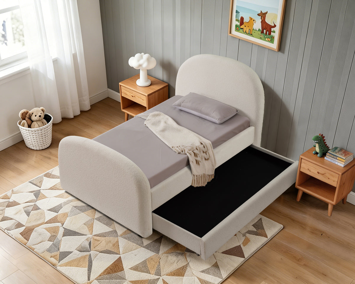 Eira King Single Boucle Bed with Trundle - Ivory White