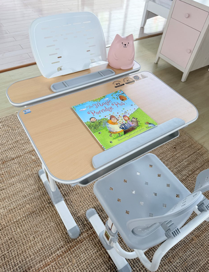 Jojo Height Adjustable Kids Ergonomic Study Desk & Chair Set - Grey/Oak