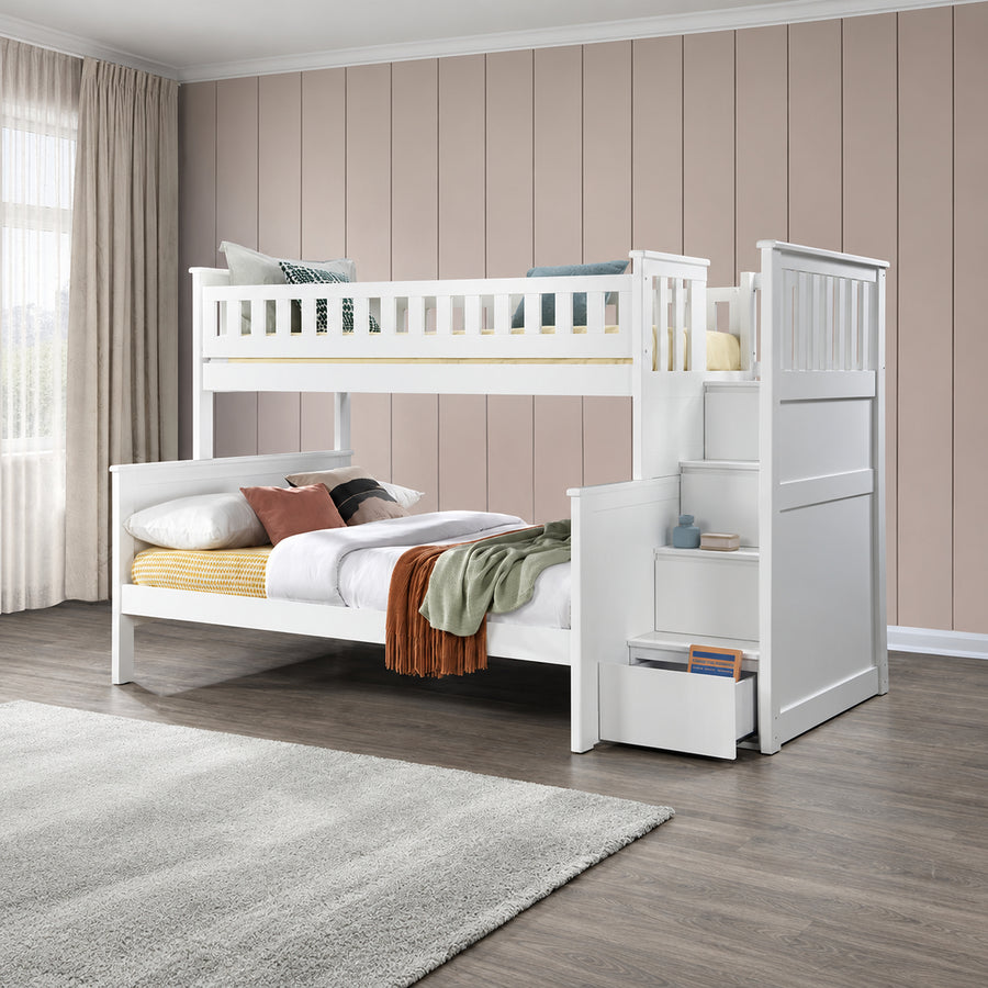 Hestia single over double bunk bed with storage stairs in a kids bedroom