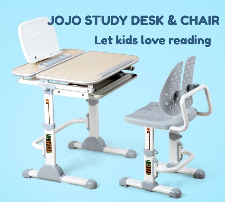Jojo Height Adjustable Kids Ergonomic Study Desk & Chair Set - Grey/Oak