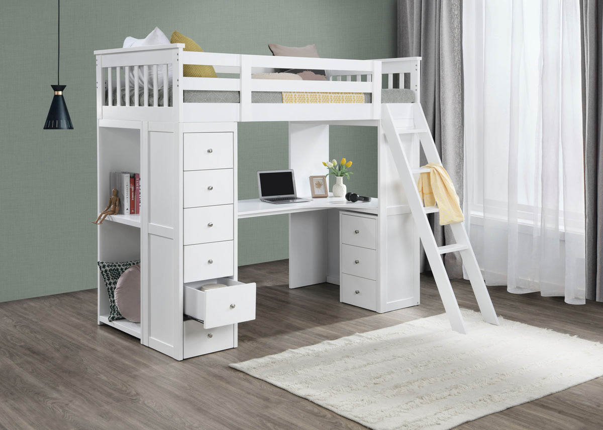Jacob Single Loft Bed with Desk - White