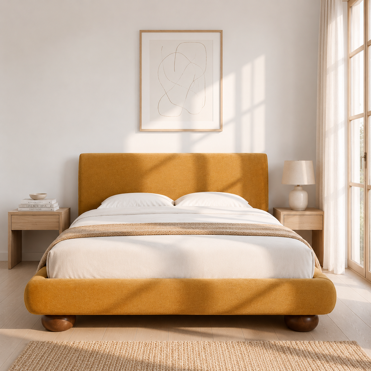 Noa Queen Upholstered Bed - Mustard Yellow