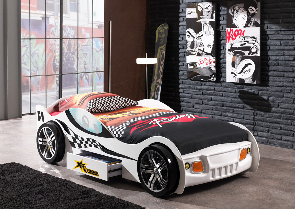Turbo Racing Car Bed with Drawer - White